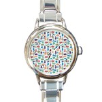 Blue Colorful Cats Silhouettes Pattern Round Italian Charm Watch