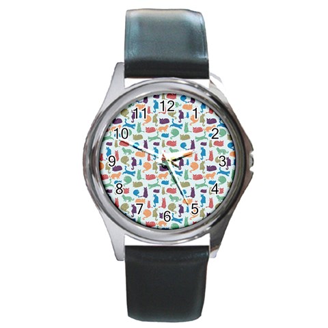 Blue Colorful Cats Silhouettes Pattern Round Metal Watch from UrbanLoad.com Front