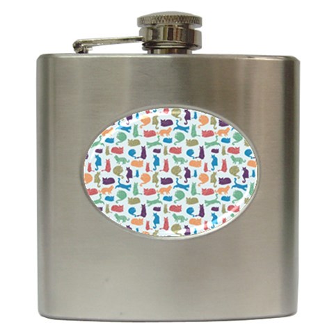 Blue Colorful Cats Silhouettes Pattern Hip Flask (6 oz) from UrbanLoad.com Front