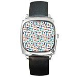 Blue Colorful Cats Silhouettes Pattern Square Metal Watch