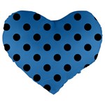 Polka Dots - Black on Steel Blue Large 19  Premium Flano Heart Shape Cushion