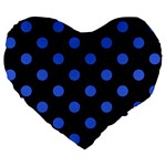 Polka Dots - Royal Blue on Black Large 19  Premium Flano Heart Shape Cushion