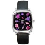 Purple and pink flowers  Square Metal Watch