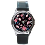 Pink ladybugs and flowers  Round Metal Watch