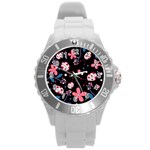 Pink ladybugs and flowers  Round Plastic Sport Watch (L)