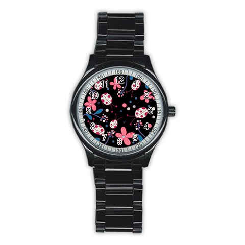 Pink ladybugs and flowers  Stainless Steel Round Watch from UrbanLoad.com Front