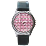 Pink plaid pattern Round Metal Watch