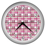 Pink plaid pattern Wall Clocks (Silver) 