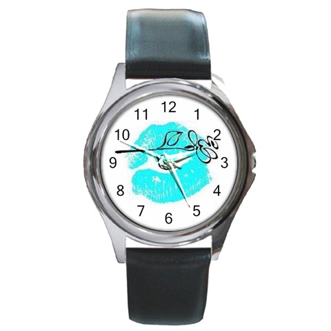 Blue lip decal Round Metal Watch from UrbanLoad.com Front