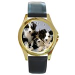 Border Collie Puppies Round Gold Metal Watch