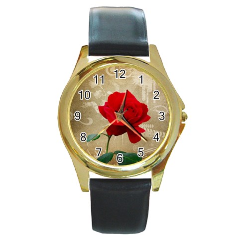 Red Rose Art Round Gold Metal Watch from UrbanLoad.com Front