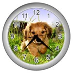 Puppy In Grass Wall Clock (Silver)
