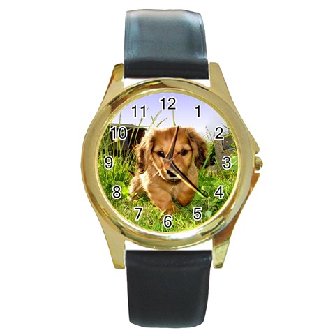 Puppy In Grass Round Gold Metal Watch from UrbanLoad.com Front