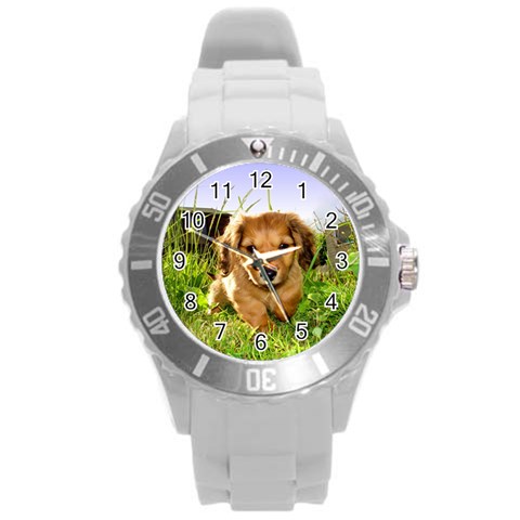 Puppy In Grass Round Plastic Sport Watch (L) from UrbanLoad.com Front