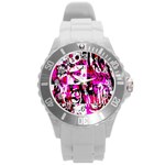 Pink Checker Graffiti Round Plastic Sport Watch (L)