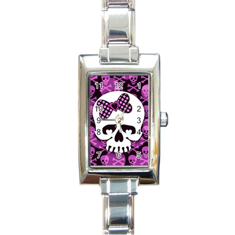 Pink Polka Dot Bow Skull Rectangle Italian Charm Watch from UrbanLoad.com Front