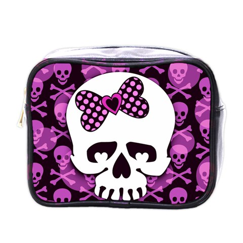 Pink Polka Dot Bow Skull Mini Toiletries Bag (One Side) from UrbanLoad.com Front