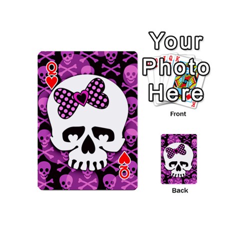 Queen Pink Polka Dot Bow Skull Playing Cards 54 Designs (Mini) from UrbanLoad.com Front - HeartQ