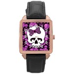 Pink Polka Dot Bow Skull Rose Gold Leather Watch 