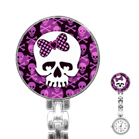 Pink Polka Dot Bow Skull Stainless Steel Nurses Watch from UrbanLoad.com Front