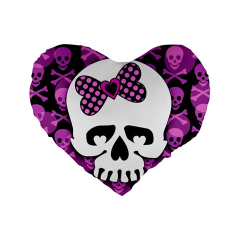Pink Polka Dot Bow Skull Standard 16  Premium Flano Heart Shape Cushion  from UrbanLoad.com Front