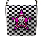 Pink Star Skull Checker Flap Closure Messenger Bag (L)