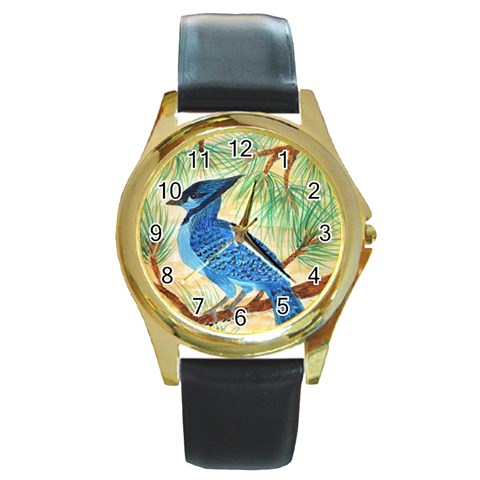 Blue Jay Round Gold Metal Watch from UrbanLoad.com Front