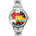 Multicolored Retro Abstraction, Lines Retro Background, Multicolored Mosaic Round Italian Charm Watch