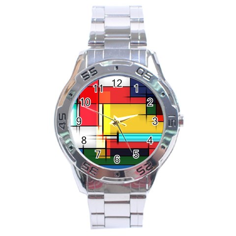 Multicolored Retro Abstraction, Lines Retro Background, Multicolored Mosaic Stainless Steel Analogue Watch from UrbanLoad.com Front