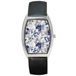 Retro Texture With Blue Flowers, Floral Retro Background, Floral Vintage Texture, White Background W Barrel Style Metal Watch