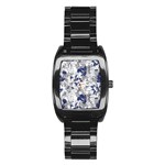 Retro Texture With Blue Flowers, Floral Retro Background, Floral Vintage Texture, White Background W Stainless Steel Barrel Watch