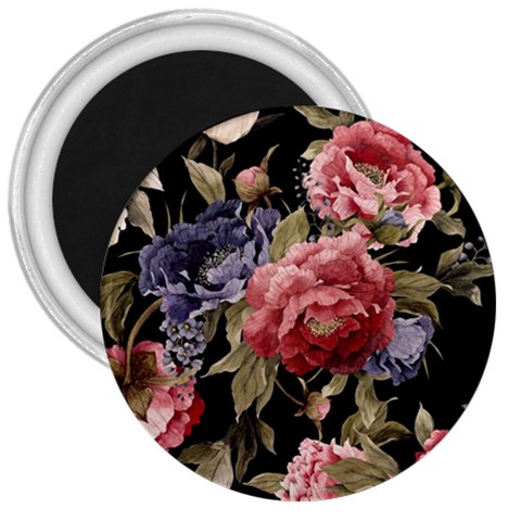 Retro Texture With Flowers, Black Background With Flowers 3  Magnets from UrbanLoad.com Front