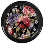Retro Texture With Flowers, Black Background With Flowers Wall Clock (Black)