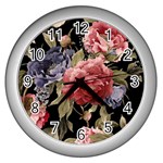 Retro Texture With Flowers, Black Background With Flowers Wall Clock (Silver)