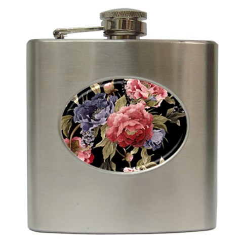Retro Texture With Flowers, Black Background With Flowers Hip Flask (6 oz) from UrbanLoad.com Front