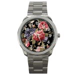 Retro Texture With Flowers, Black Background With Flowers Sport Metal Watch
