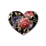 Retro Texture With Flowers, Black Background With Flowers Rubber Heart Coaster (4 pack)