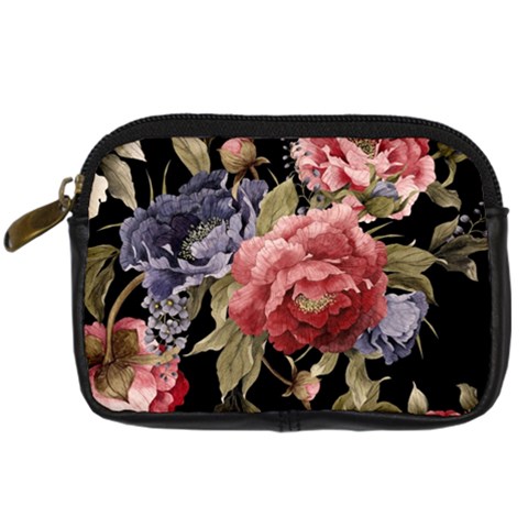Retro Texture With Flowers, Black Background With Flowers Digital Camera Leather Case from UrbanLoad.com Front