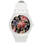 Retro Texture With Flowers, Black Background With Flowers Round Plastic Sport Watch (M)