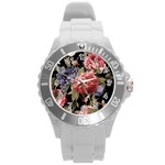 Retro Texture With Flowers, Black Background With Flowers Round Plastic Sport Watch (L)