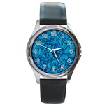 Blue Floral Pattern Texture, Floral Ornaments Texture Round Metal Watch
