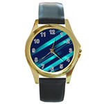 Blue Neon Lines, Blue Background, Abstract Background Round Gold Metal Watch
