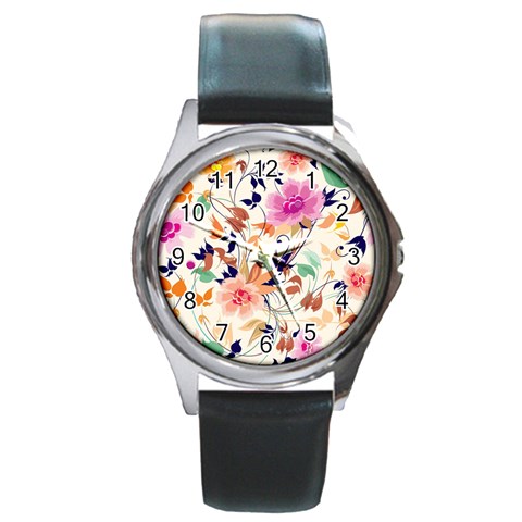 Abstract Floral Background Round Metal Watch from UrbanLoad.com Front