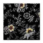Black Background With Gray Flowers, Floral Black Texture Tile Coaster