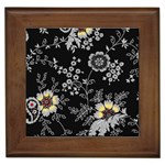 Black Background With Gray Flowers, Floral Black Texture Framed Tile
