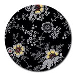 Black Background With Gray Flowers, Floral Black Texture Round Mousepad