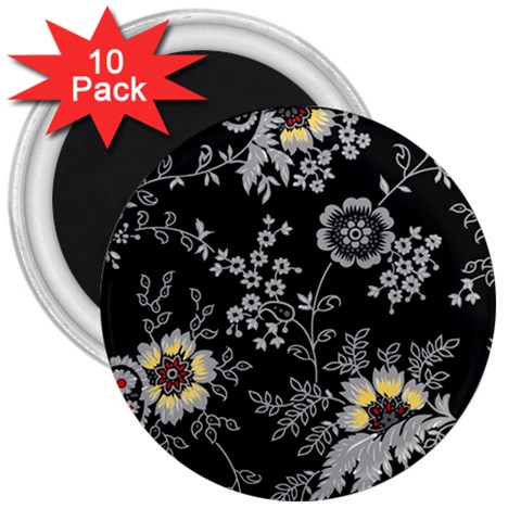 Black Background With Gray Flowers, Floral Black Texture 3  Magnets (10 pack)  from UrbanLoad.com Front