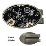 Black Background With Gray Flowers, Floral Black Texture Money Clips (Oval) 