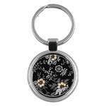 Black Background With Gray Flowers, Floral Black Texture Key Chain (Round)