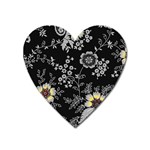 Black Background With Gray Flowers, Floral Black Texture Heart Magnet